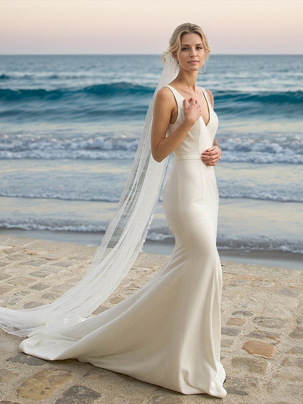 Sheath V-neck Court Train Stretch Crepe Wedding Dress