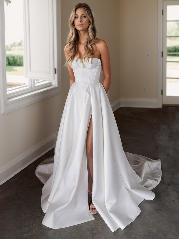 A-line Straight Chapel Train Satin Corset Wedding Dress