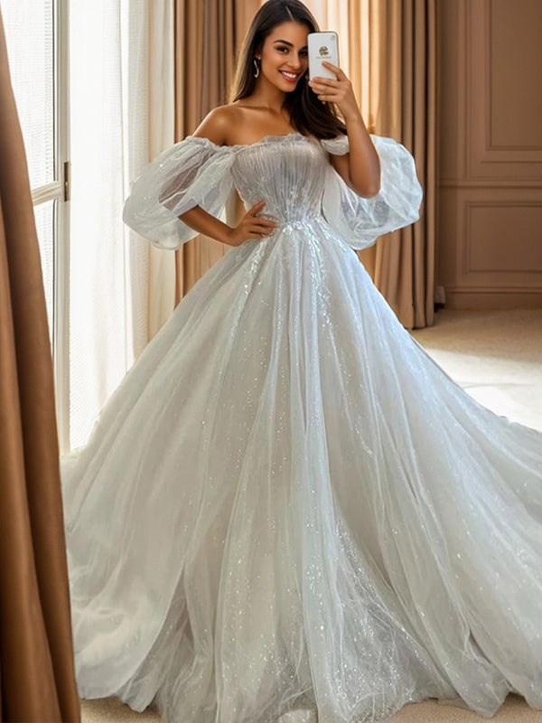 Ball-Gown Off-the-Shoulder Short Sleeves Appliques Lace Cathedral Train Tulle Wedding Dress