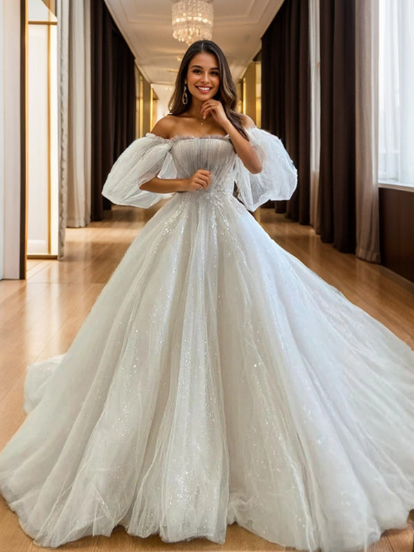 Ball-Gown Off-the-Shoulder Short Sleeves Appliques Lace Cathedral Train Tulle Wedding Dress