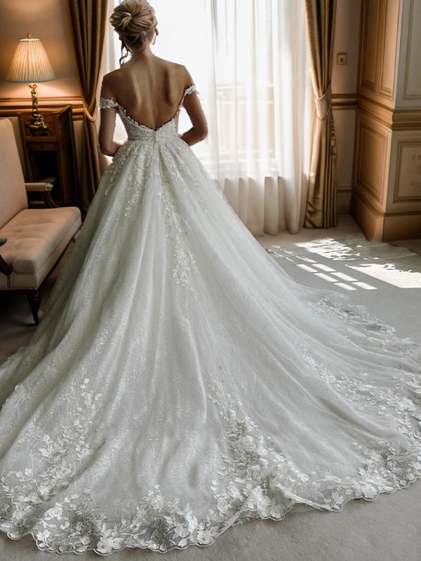 A-line Off-the-Shoulder Appliques Lace Cathedral Train Tulle Wedding Dress