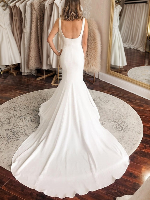 Sheath Square Chapel Train Stretch Crepe Wedding Dress