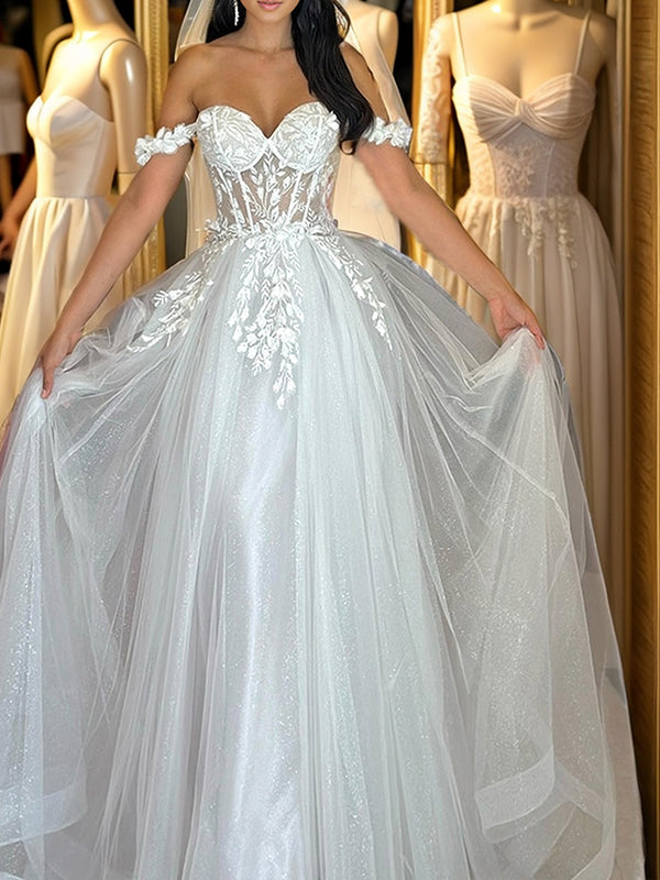 A-line Off-the-Shoulder Appliques Lace Floor-Length Tulle Corset Wedding Dress