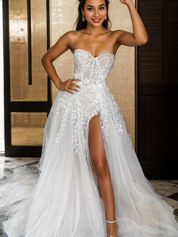 A-line Sweetheart Appliques Lace Court Train Tulle Corset Wedding Dress