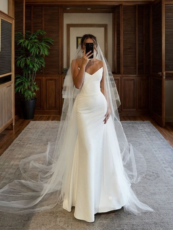 Sheath V-neck Pleated Chapel Train Stretch Crepe Wedding Dress