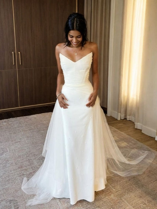 Sheath V-neck Pleated Chapel Train Stretch Crepe Wedding Dress
