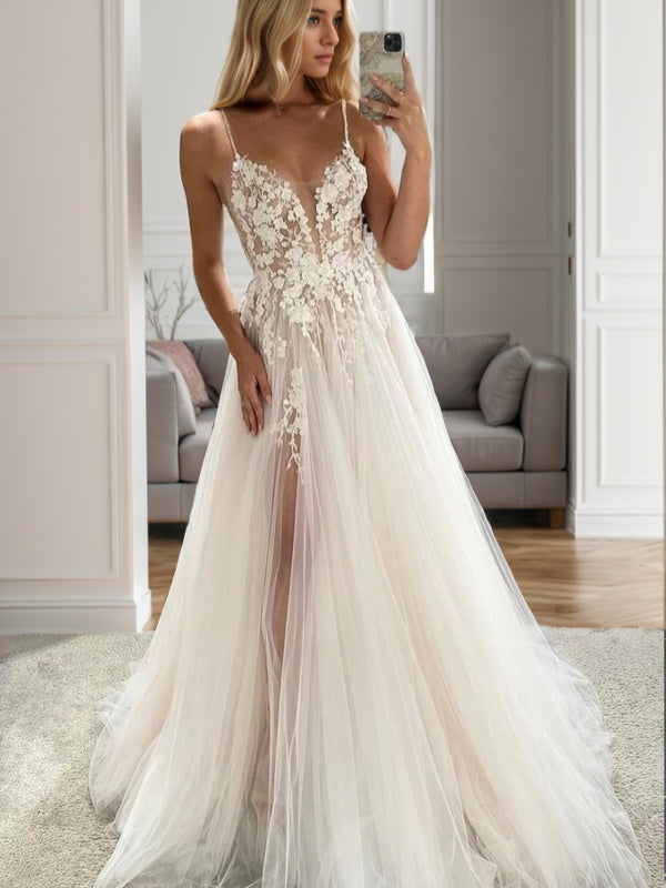 A-line Spaghetti Straps Appliques Lace Sweep Train Tulle Wedding Dress