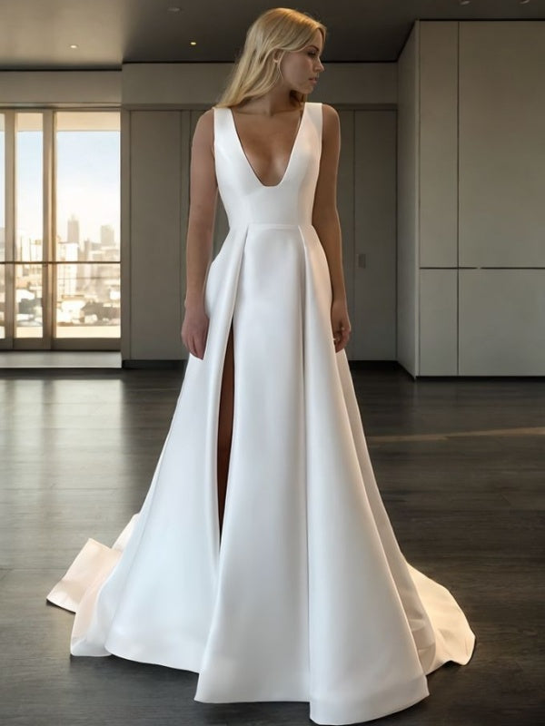 A-line V-neck Court Train Satin Wedding Dress