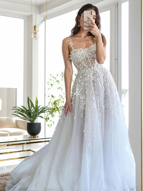 A-line Spaghetti Straps Appliques Lace Court Train Tulle Corset Wedding Dress