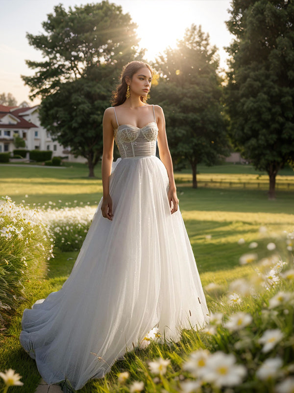 A-line Spaghetti Straps Appliques Lace Sweep Train Tulle Corset Wedding Dress