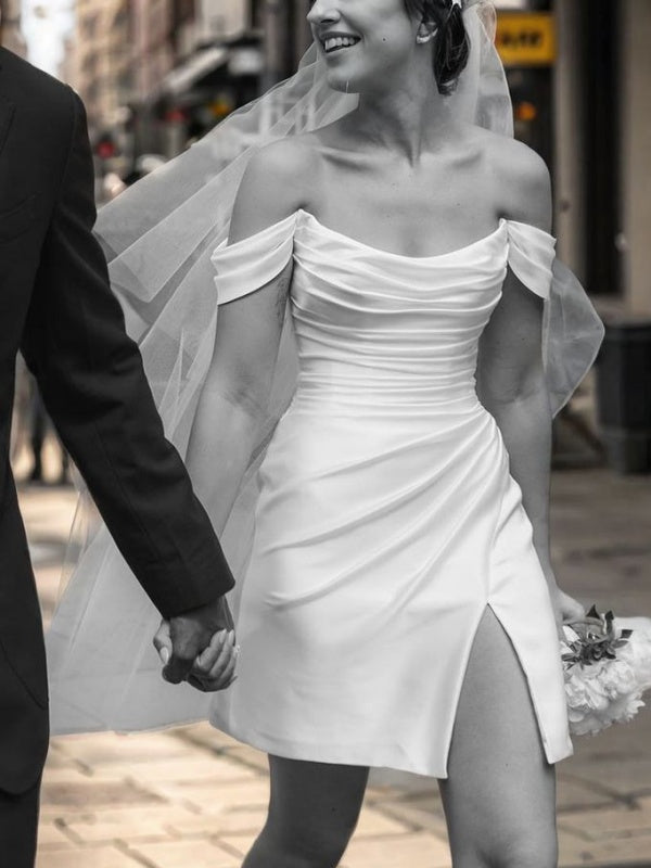 Sheath Off-the-Shoulder Pleated Short/Mini Charmeuse Wedding Dress