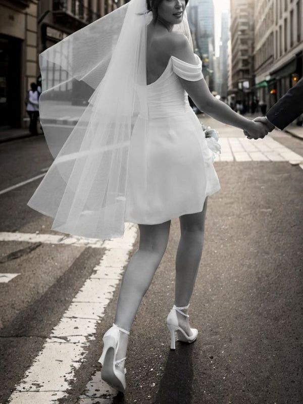 Sheath Off-the-Shoulder Pleated Short/Mini Charmeuse Wedding Dress