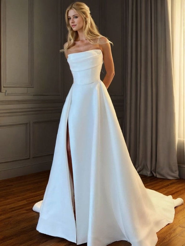 A-line Straight Pleated Sweep Train Satin Wedding Dress