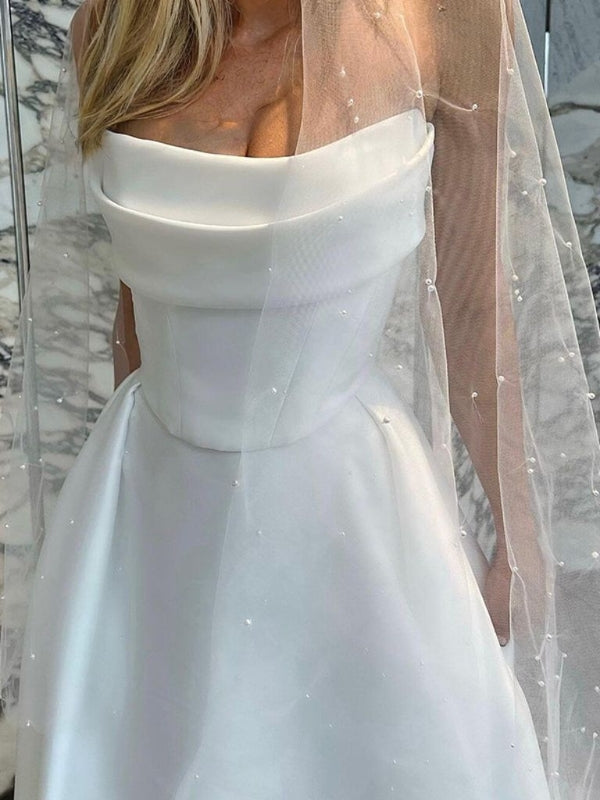 A-line Straight Pleated Sweep Train Satin Wedding Dress