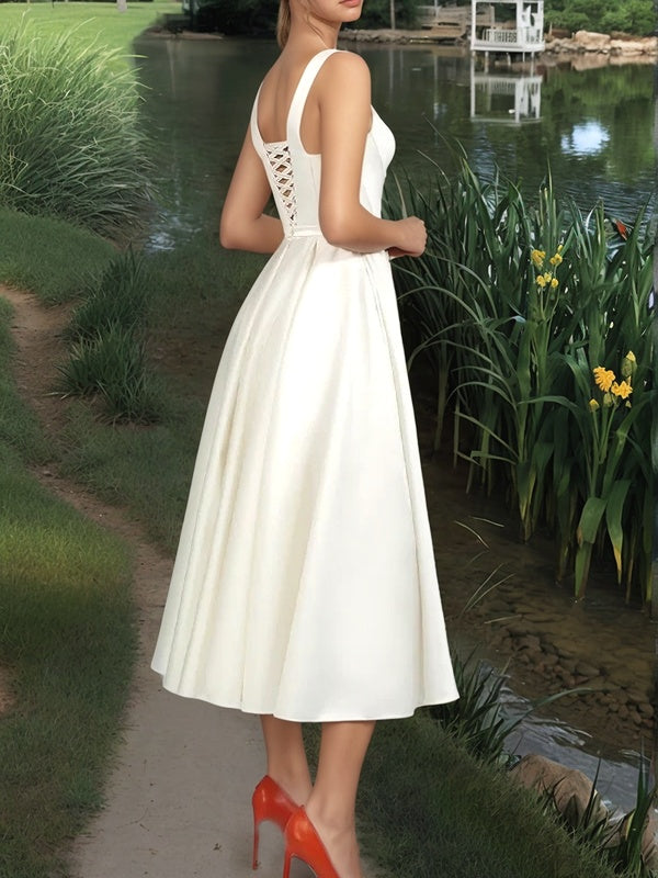 A-line Straps Tea-Length Satin Wedding Dress