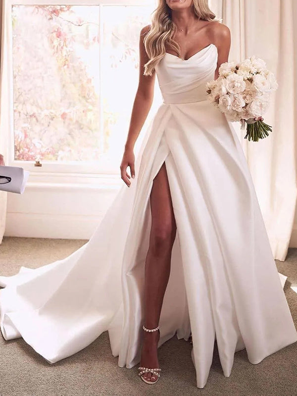 A-line Sweetheart Ruffles Chapel Train Satin Corset Wedding Dress