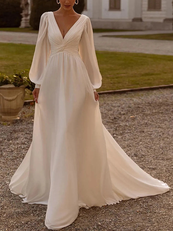 A-line V-neck Long Sleeves Pleated Sweep Train Chiffon Corset Wedding Dress