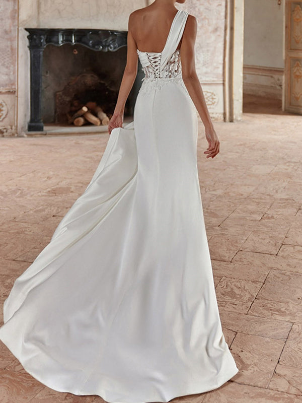 Sheath One-Shoulder Pleated Sweep Train Charmeuse Corset Wedding Dress
