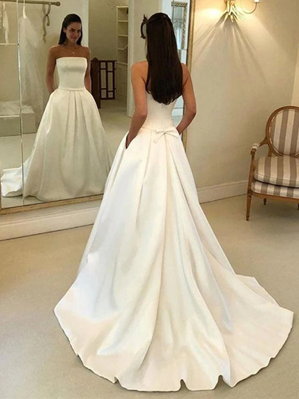 A-line Straight Ruffles Sweep Train Satin Corset Wedding Dress