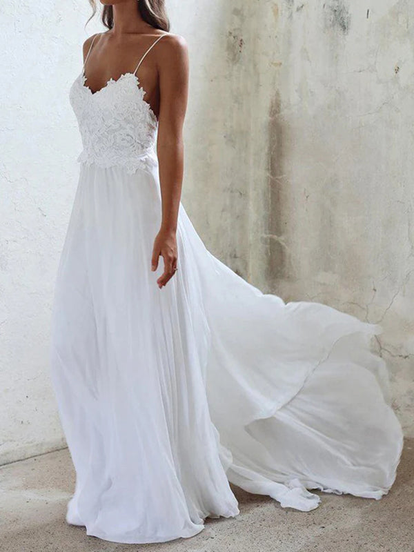 A-line Spaghetti Straps Ruffles Sweep Train 30D Chiffon Corset Wedding Dress