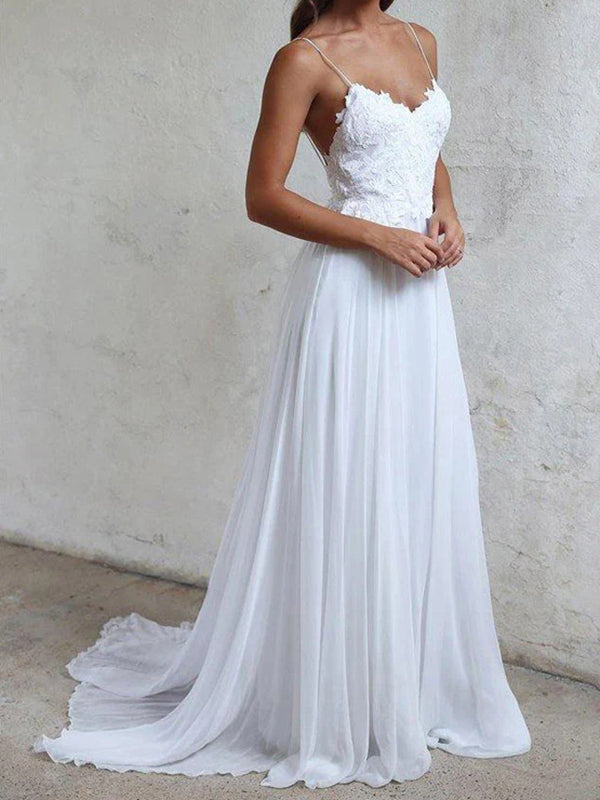 A-line Spaghetti Straps Ruffles Sweep Train 30D Chiffon Corset Wedding Dress