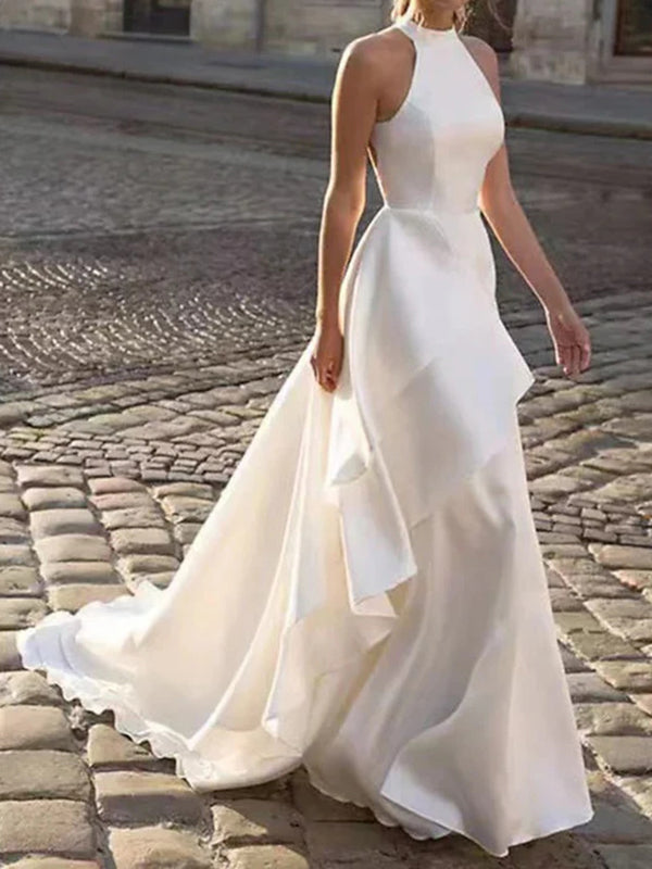 A-line Cold Shoulder Pleated Chapel Train Silk like Satin Wedding Dress