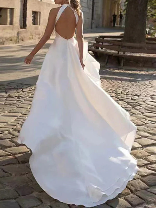 A-line Cold Shoulder Pleated Chapel Train Silk like Satin Wedding Dress