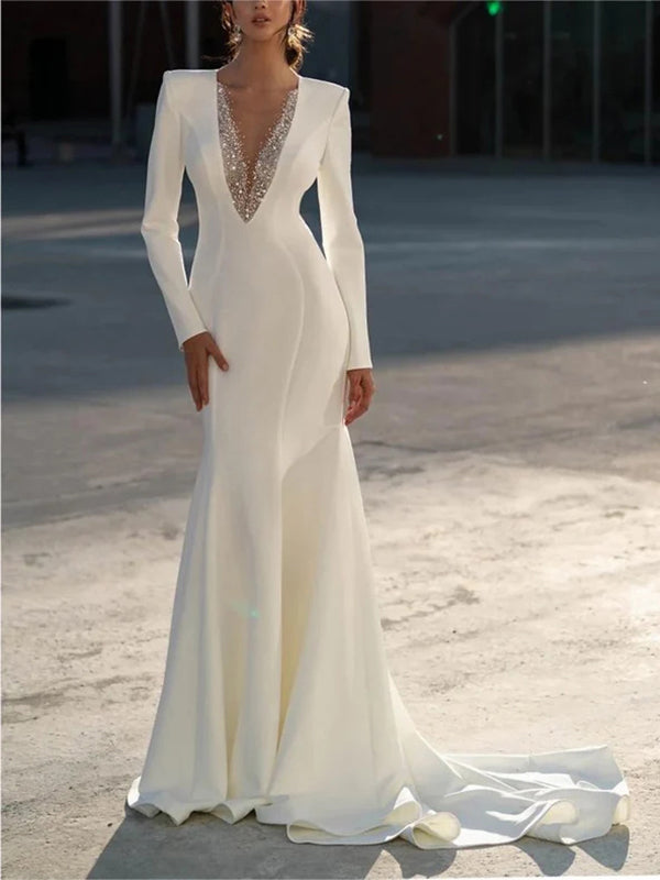 Sheath V-neck Long Sleeves Ruffles Court Train Stretch Crepe Wedding Dress