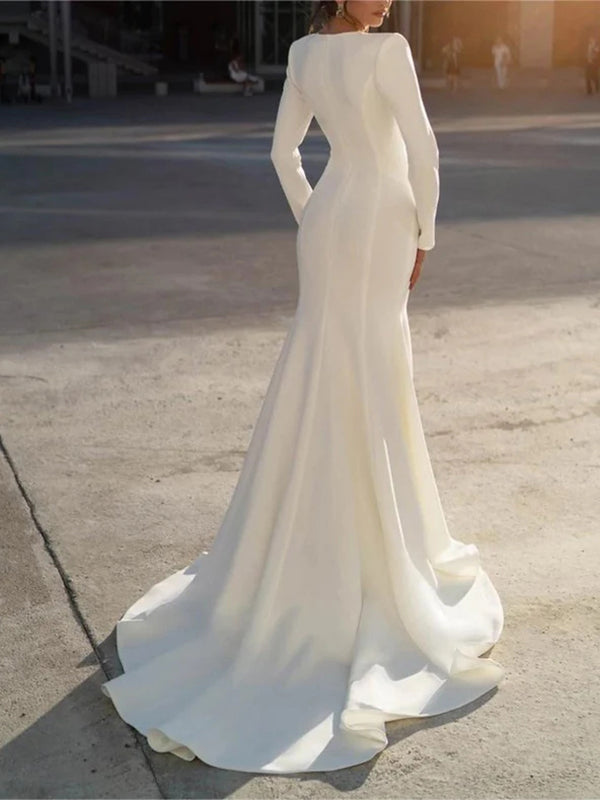 Sheath V-neck Long Sleeves Ruffles Court Train Stretch Crepe Wedding Dress