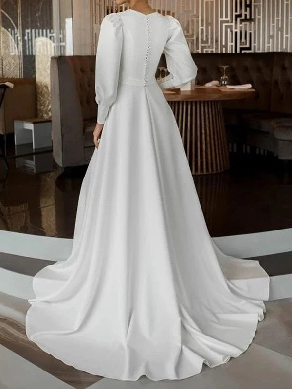 A-line Jewel Long Sleeves Court Train Charmeuse Wedding Dress
