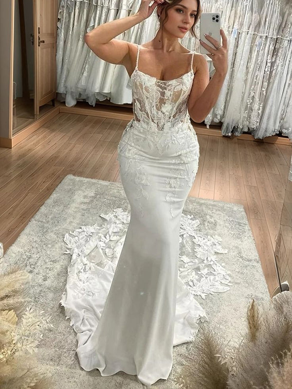 Sheath Spaghetti Straps Appliques Lace Cathedral Train Satin Chiffon Corset Wedding Dress