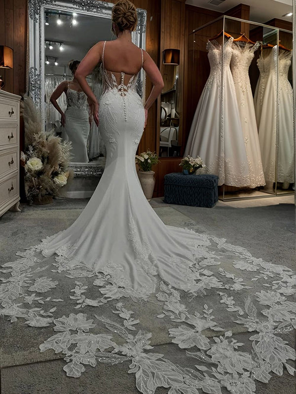 Sheath Spaghetti Straps Appliques Lace Cathedral Train Satin Chiffon Corset Wedding Dress