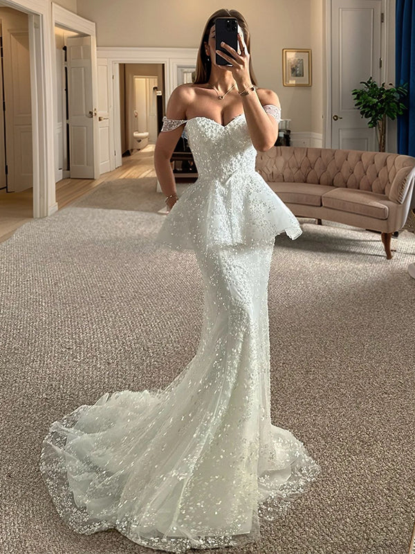 Mermaid Off-the-Shoulder Sweep Train Lace Corset Wedding Dress