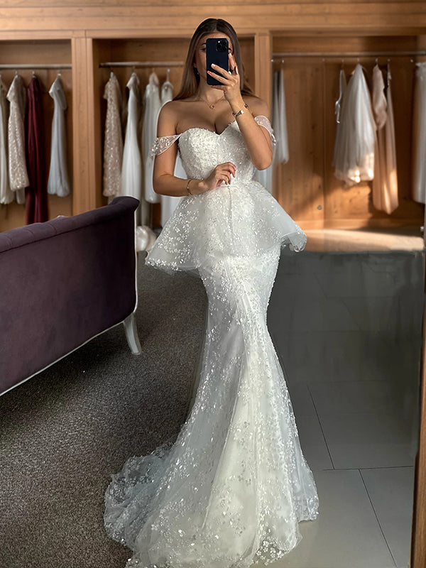 Mermaid Off-the-Shoulder Sweep Train Lace Corset Wedding Dress