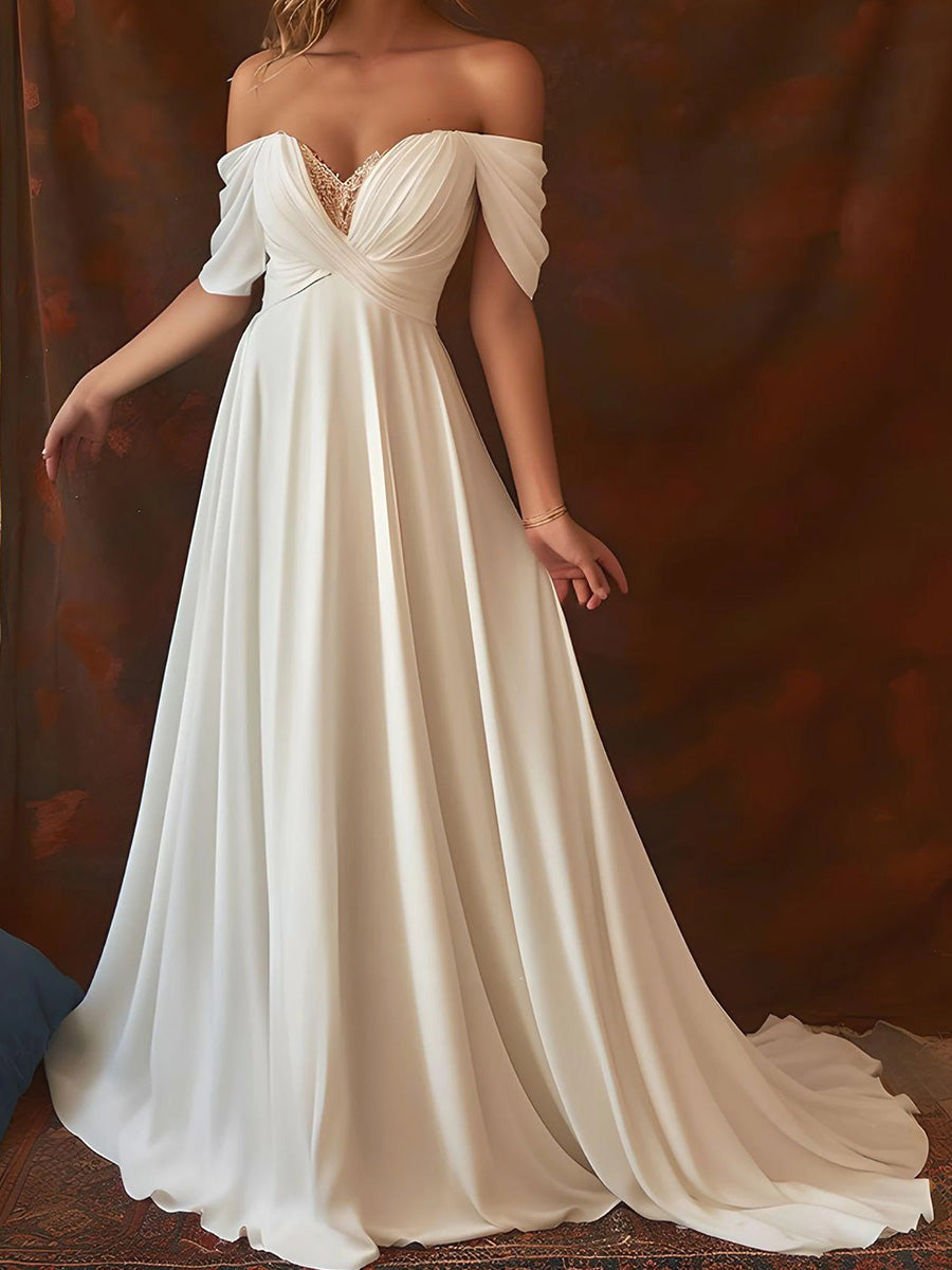A-line Off-the-Shoulder Pleated Sweep Train Satin Chiffon Corset Wedding Dress