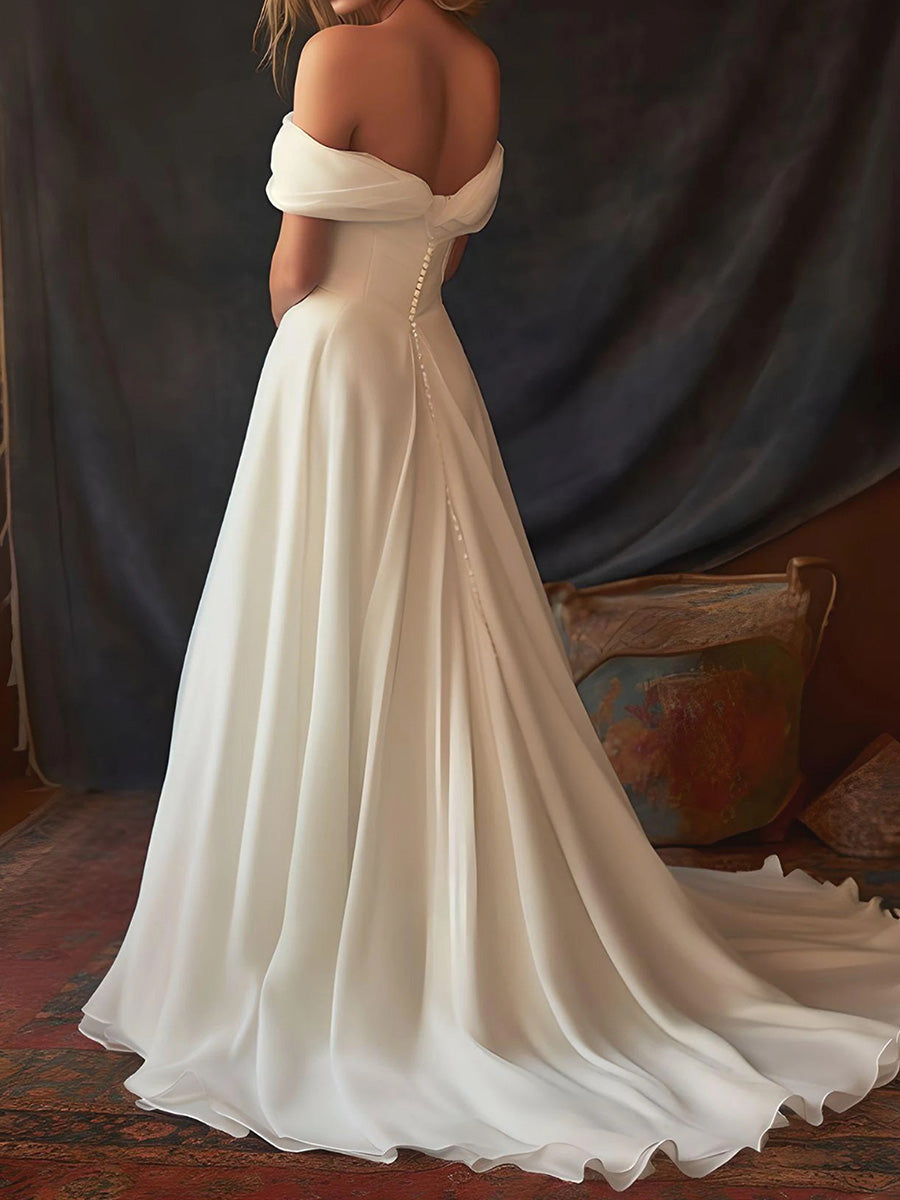 A-line Off-the-Shoulder Pleated Sweep Train Satin Chiffon Corset Wedding Dress