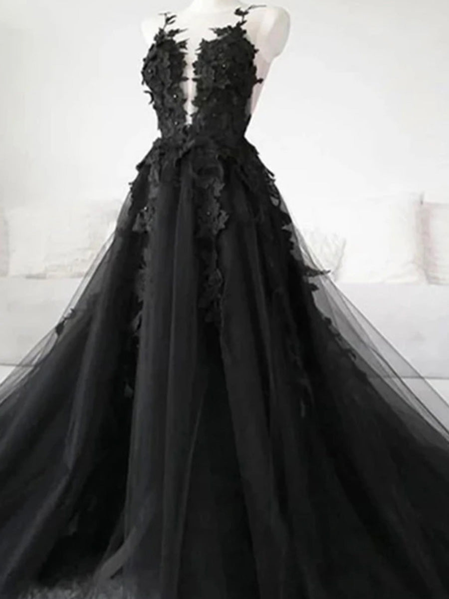 A-line Spaghetti Straps Appliques Lace Court Train Tulle Corset Wedding Dress