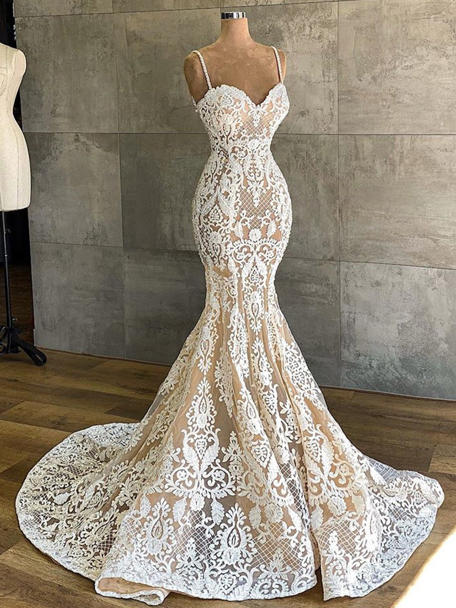 Mermaid Spaghetti Straps Appliques Lace Sweep Train Lace Corset Wedding Dress