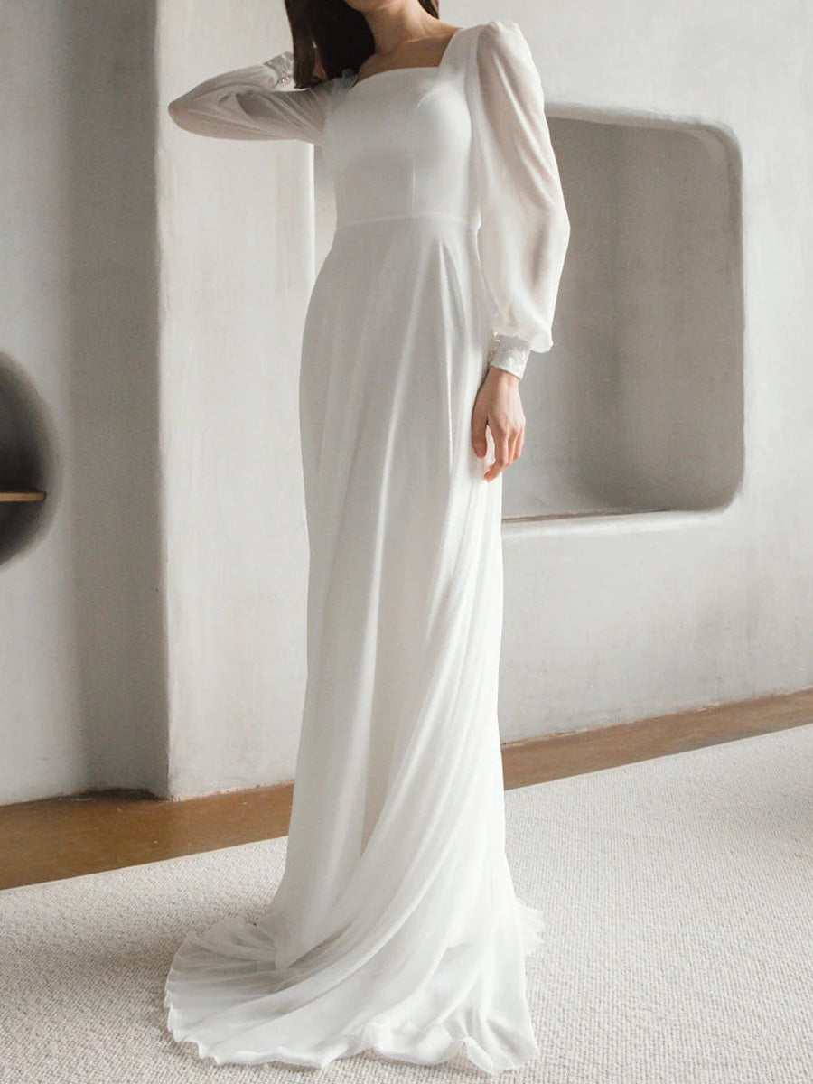 A-line Square Long Sleeves Appliques Lace Sweep Train 30D Chiffon Corset Wedding Dress