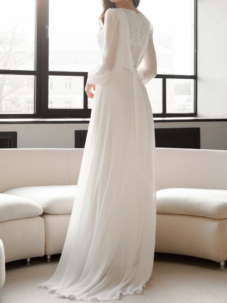 A-line Square Long Sleeves Appliques Lace Sweep Train 30D Chiffon Corset Wedding Dress