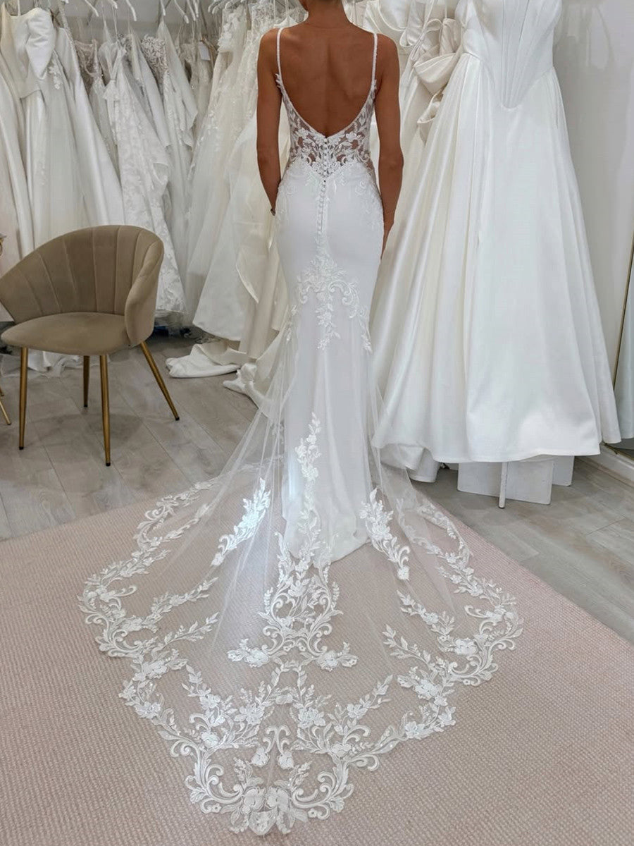 Sheath Spaghetti Straps Appliques Lace Cathedral Train Charmeuse Corset Wedding Dress