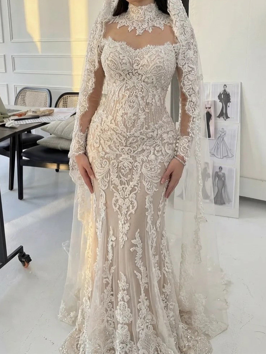 Sheath High Neck Long Sleeves Appliques Lace Sweep Train Lace Wedding Dress