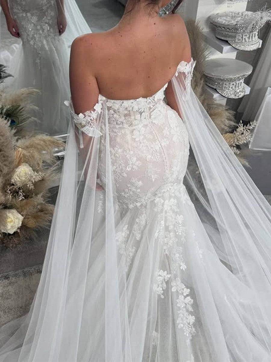 Mermaid Off-the-Shoulder Appliques Lace Chapel Train Tulle Corset Wedding Dress