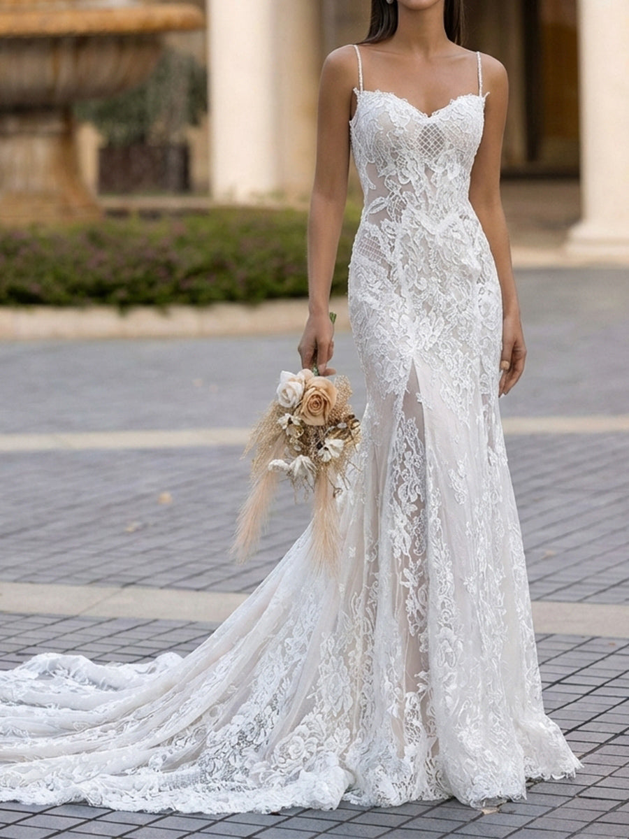 Trumpet/Mermaid Spaghetti Straps Appliques Lace Chapel Train Lace Wedding Dresses