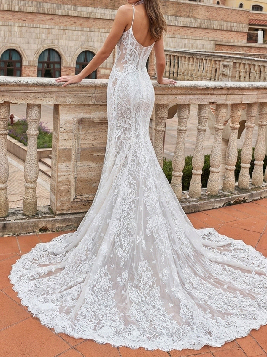 Trumpet/Mermaid Spaghetti Straps Appliques Lace Chapel Train Lace Wedding Dresses