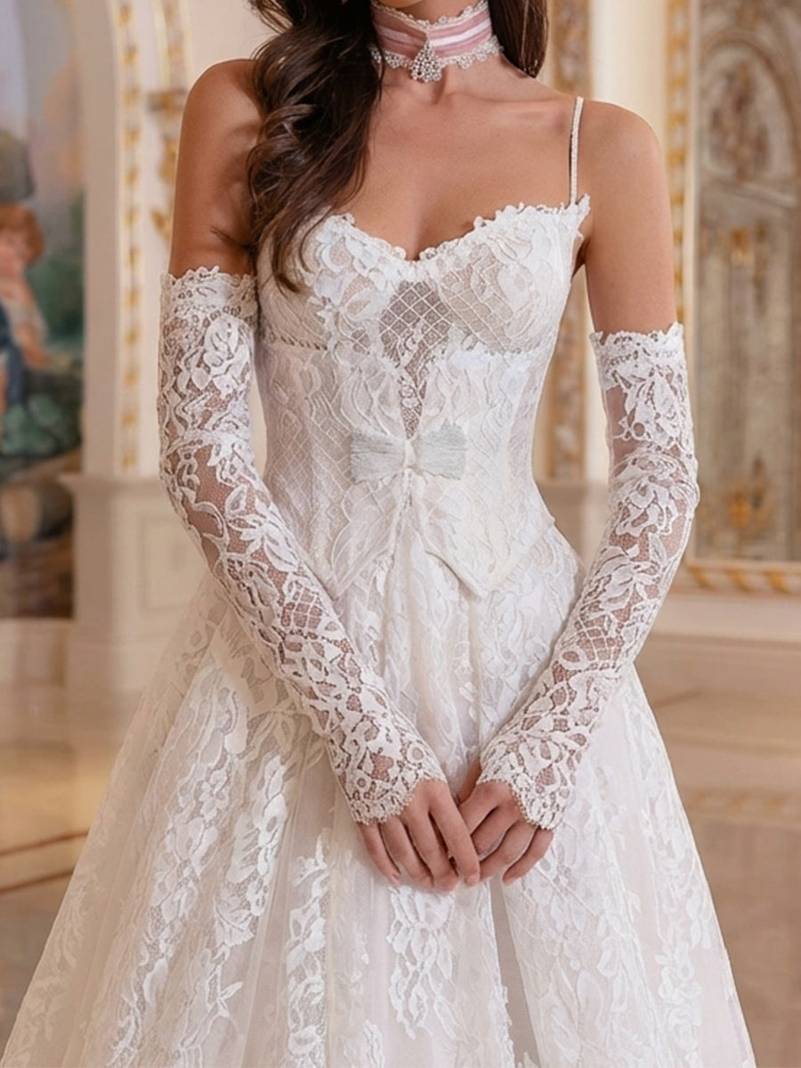 Trumpet/Mermaid Spaghetti Straps Appliques Lace Chapel Train Lace Wedding Dresses