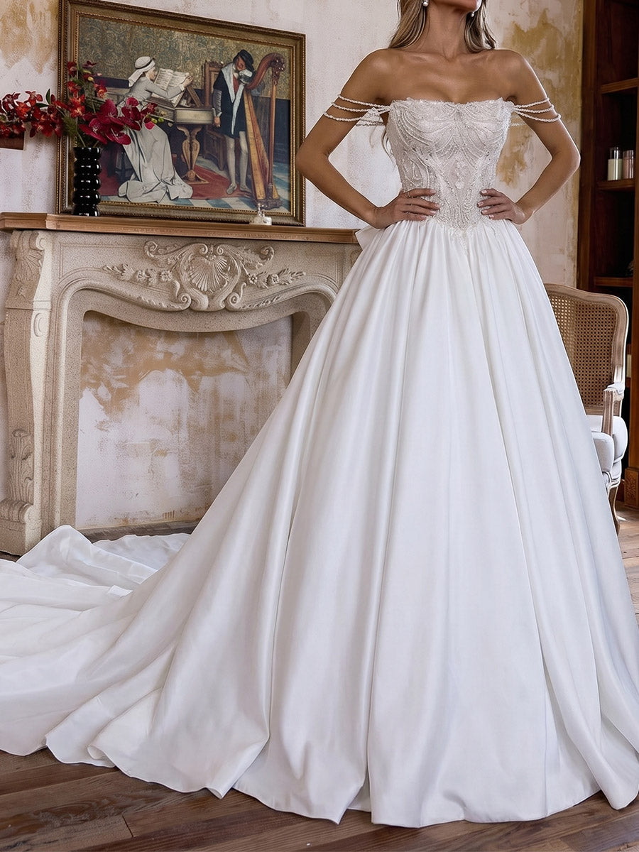 A-line/Princess Off-the-Shoulder Appliques Lace Chapel Train Satin Wedding Dresses