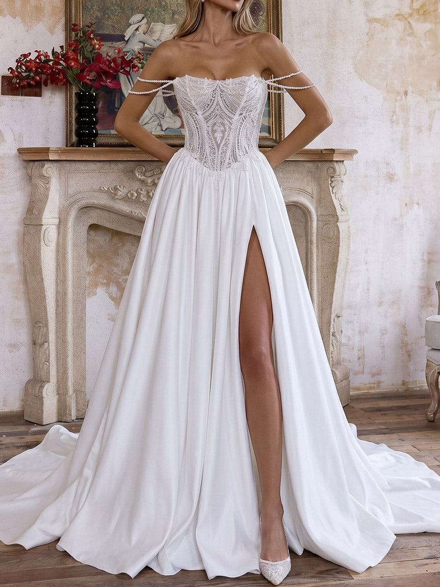 A-line/Princess Off-the-Shoulder Appliques Lace Chapel Train Satin Wedding Dresses
