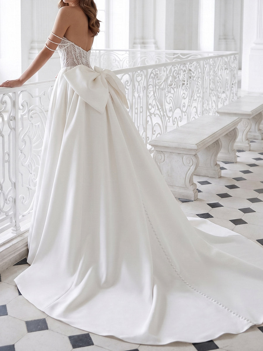 A-line/Princess Off-the-Shoulder Appliques Lace Chapel Train Satin Wedding Dresses