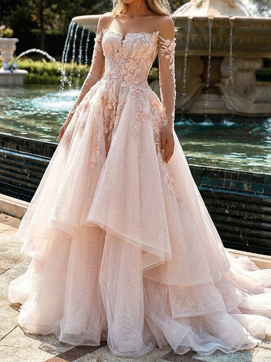 A-line/Princess Off-the-Shoulder Long Sleeves Appliques Lace Cathedral Train Tulle Wedding Dresses